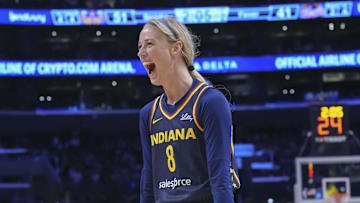 Aug 5, 2025; Los Angeles, California, USA; Indiana Fever guard Sophie Cunningham (8) reacts to the fans in the first half against the LA Sparks at Crypto.com Arena. Mandatory Credit: Kirby Lee-Imagn Images