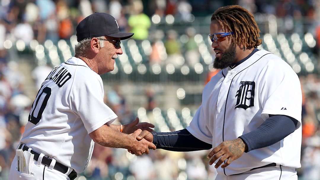 Detroit Tigers manager Jim Leyland congratulates Prince Fielder after the Tigers defeated the Blue Jays 3-2 in eleven innings on Wednesday, August 23, 2012 at Comerica Park.

Leyland030