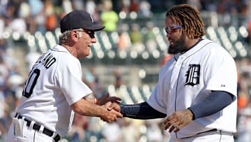 Detroit Tigers manager Jim Leyland congratulates Prince Fielder after the Tigers defeated the Blue Jays 3-2 in eleven innings on Wednesday, August 23, 2012 at Comerica Park.

Leyland030