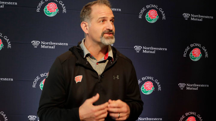 Notre Dame football offensive line coach Joe Rudolph talks to the media.