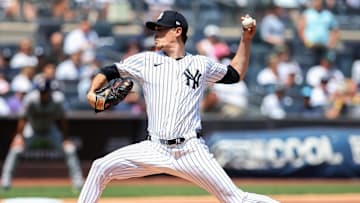 Aug 10, 2025; Bronx, New York, USA;  New York Yankees starting pitcher Max Fried (54) pitches in the first inning against the Houston Astros at Yankee Stadium. Mandatory Credit: Wendell Cruz-Imagn Images