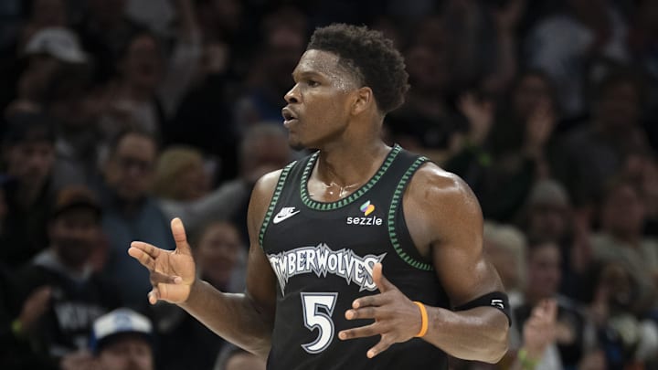 Mar 3, 2026; Minneapolis, Minnesota, USA; Minnesota Timberwolves guard Anthony Edwards (5) celebrates after a three point basket against the Memphis Grizzlies in the second half at Target Center. Mandatory Credit: Jesse Johnson-Imagn Images