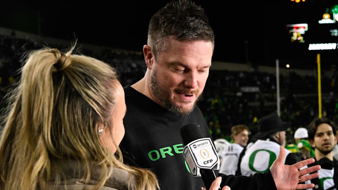 Dec 20, 2025; Eugene, OR, USA; Oregon Ducks head coach Dan Lanning is interviewed after the game against the James Madison Dukes at Autzen Stadium. Mandatory Credit: Troy Wayrynen-Imagn Images
