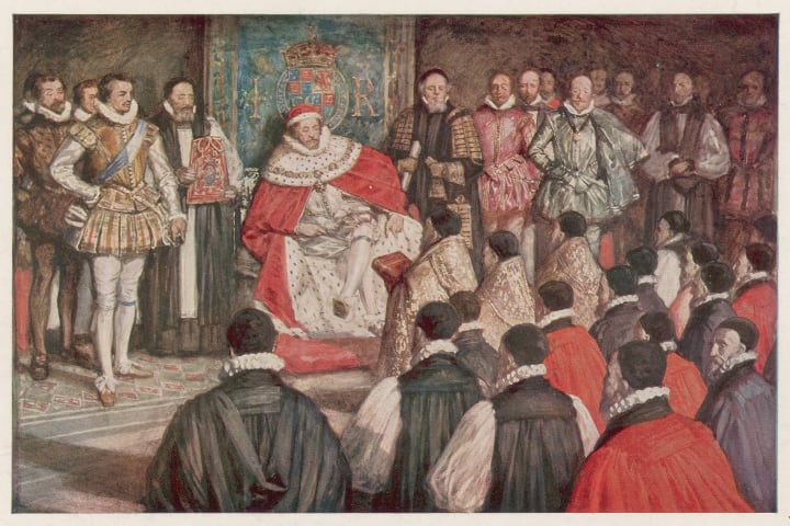 Translators presenting a Bible to King James VI and I.