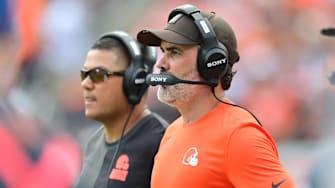 Aug 23, 2025; Cleveland, Ohio, USA; Cleveland Browns head coach Kevin Stefanski during the first half against the Los Angeles Rams at Huntington Bank Field. Mandatory Credit: Ken Blaze-Imagn Images