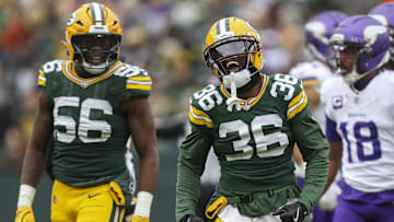 Nov 23, 2025; Green Bay, Wisconsin, USA; Green Bay Packers cornerback Kamal Hadden (36) celebrates after making a tackle 