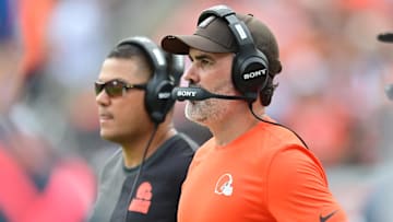 Aug 23, 2025; Cleveland, Ohio, USA; Cleveland Browns head coach Kevin Stefanski during the first half against the Los Angeles Rams at Huntington Bank Field. Mandatory Credit: Ken Blaze-Imagn Images