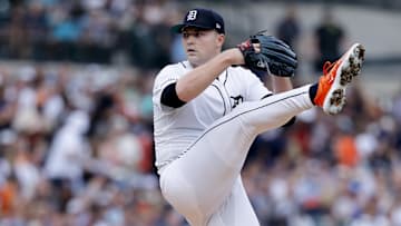Jul 26, 2025; Detroit, Michigan, USA;  Detroit Tigers pitcher Tarik Skubal (29) pitches in the first inning against the Toronto Blue Jays at Comerica Park. Mandatory Credit: Rick Osentoski-Imagn Images