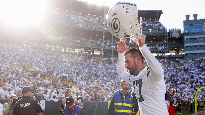 Oct 20, 2024; Green Bay, Wisconsin, USA;  Green Bay Packers place kicker Brandon McManus (17) celebrates as he runs off the field after defeating the Houston Texans at Lambeau Field in Green Bay, Wis. McManus kicked a 45-yard field goal as time expired.