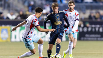 Feb 24, 2024; Philadelphia, Pennsylvania, USA; Philadelphia Union midfielder Jack McGlynn (16) controls the ball against Chicago Fire FC during the second half at Subaru Park. Mandatory Credit: Bill Streicher-USA TODAY Sports