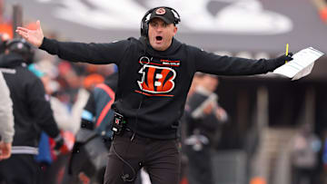Dec 22, 2024; Cincinnati, Ohio, USA;  Cincinnati Bengals head coach Zac Taylor reacts to an interference call during the third quarter against the Cleveland Browns at Paycor Stadium. Mandatory Credit: Joseph Maiorana-Imagn Images
