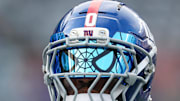  A view of the face shield and helmet of New York Giants linebacker Brian Burns  