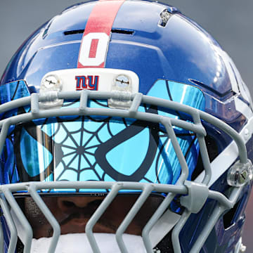  A view of the face shield and helmet of New York Giants linebacker Brian Burns  
