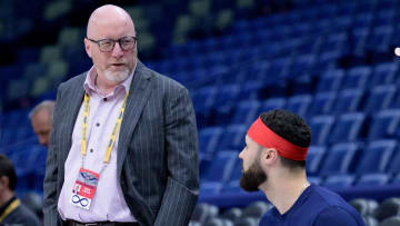 Dec 28, 2023; New Orleans, Louisiana, USA; New Orleans Pelicans executive vice president of basketball operations David Griffin, left, talks to New Orleans Pelicans forward Larry Nance Jr. before a game against the Utah Jazz at the Smoothie King Center. 