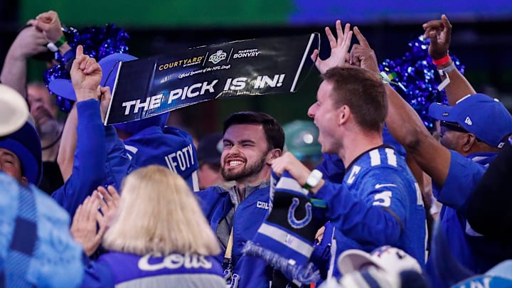 Indianapolis Colts fans celebrate after the team selects tight end Tyler Warren with the 14th pick during the first round of the 2025 NFL Draft on Thursday, April 24, 2025, at Lambeau Field in Green Bay, Wisconsin. The draft runs through April 26.
Tork Mason/USA TODAY NETWORK-Wisconsin