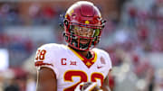 Nov 20, 2021; Norman, Oklahoma, USA;  Iowa State Cyclones running back Breece Hall (28) warms up before the game against the Oklahoma Sooners at Gaylord Family-Oklahoma Memorial Stadium. Mandatory Credit: Kevin Jairaj-Imagn Images