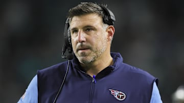 Dec 11, 2023; Miami Gardens, Florida, USA; Tennessee Titans head coach Mike Vrabel looks on against the Miami Dolphins during the fourth quarter at Hard Rock Stadium. Mandatory Credit: Sam Navarro-Imagn Images