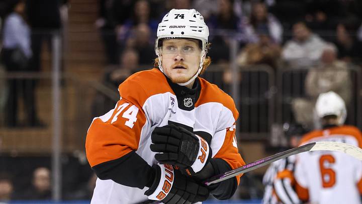 Feb 26, 2026; New York, New York, USA;  Philadelphia Flyers right wing Owen Tippett (74) at Madison Square Garden. Mandatory Credit: Wendell Cruz-Imagn Images