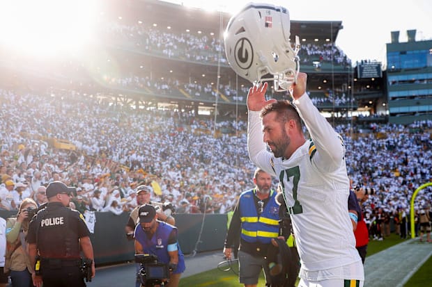 Green Bay Packers place kicker Brandon McManus (17) celebrates his game-winnning field goal against the Texans.