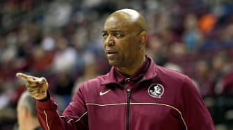 Feb 8, 2023; Tallahassee, Florida, USA; Florida State Seminoles head coach Leonard Hamilton speaks to his players on the court during the first half against the Syracuse Orange at Donald L. Tucker Center. Mandatory Credit: Melina Myers-USA TODAY Sports