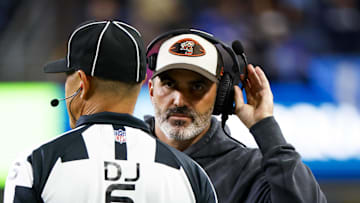 Aug 24, 2024; Seattle, Washington, USA; Cleveland Browns head coach Kevin Stefanski reacts to a penalty call in favor of the Seattle Seahawks during the second quarter at Lumen Field. Mandatory Credit: Joe Nicholson-Imagn Images