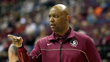 Feb 8, 2023; Tallahassee, Florida, USA; Florida State Seminoles head coach Leonard Hamilton speaks to his players on the court during the first half against the Syracuse Orange at Donald L. Tucker Center. Mandatory Credit: Melina Myers-USA TODAY Sports