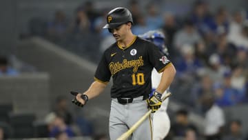 Jun 2, 2024; Toronto, Ontario, CAN; Pittsburgh Pirates left fielder Bryan Reynolds (10) reacts after striking out against the Toronto Blue Jays during the eighth inning at Rogers Centre. Mandatory Credit: John E. Sokolowski-USA TODAY Sports