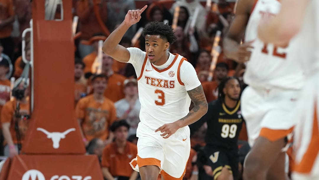 Jan 14, 2026; Austin, Texas, USA; Texas Longhorns guard Dailyn Swain (3) celebrates a basket against the Vanderbilt Commodores during the second half at Moody Center. Mandatory Credit: Dustin Safranek-Imagn Images