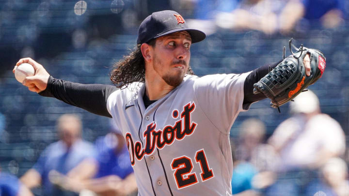 Jul 20, 2023; Kansas City, Missouri, USA; Detroit Tigers starting pitcher Michael Lorenzen (21) delivers a pitch against the Kansas City Royals in the first inning at Kauffman Stadium.