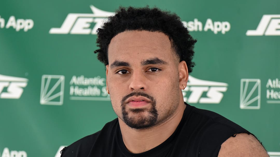 Jul 24, 2025; Florham Park, NY, USA; New York Jets guard Alijah Vera-Tucker (75) speaks to the media during training camp at Atlantic Health Jets Training Center. Mandatory Credit: John Jones-Imagn Images