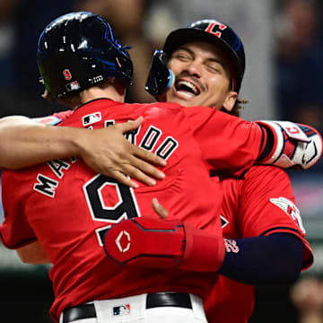 Sep 16, 2024; Cleveland, Ohio, USA; Cleveland Guardians designated hitter Kyle Manzardo (9) celebrates with first baseman Josh Naylor (22) after hitting a two-run home run during the eighth inning against the Minnesota Twins at Progressive Field. Mandatory Credit: Ken Blaze-Imagn Images