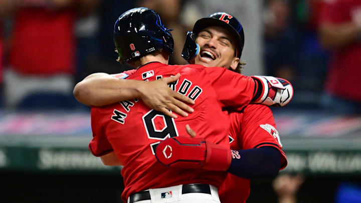 Sep 16, 2024; Cleveland, Ohio, USA; Cleveland Guardians designated hitter Kyle Manzardo (9) celebrates with first baseman Josh Naylor (22) after hitting a two-run home run during the eighth inning against the Minnesota Twins at Progressive Field. Mandatory Credit: Ken Blaze-Imagn Images