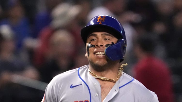 Jul 6, 2023; Phoenix, Arizona, USA; New York Mets catcher Francisco Alvarez (4) runs the bases after