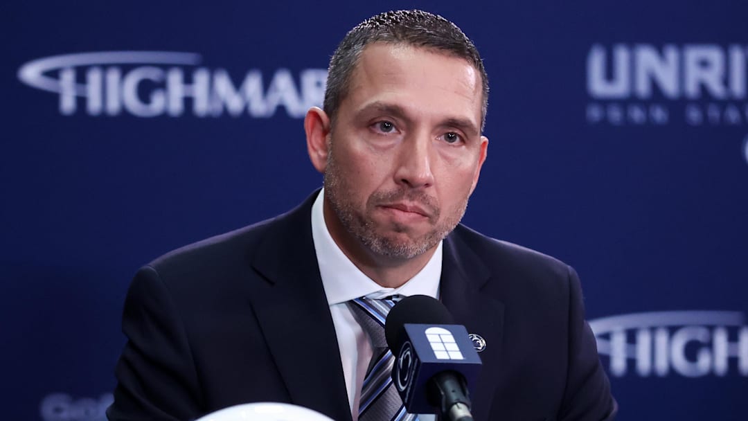Dec 8, 2025; University Park, PA, USA; Matt Campbell answers questions from the media after being announced as the Penn State Nittany Lions new head coach during a press conference at the Beaver Stadium Press Room. 