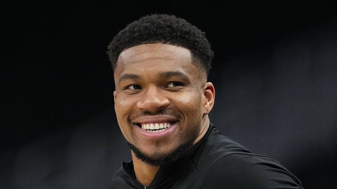 New Miami Heat forward Giannis Antetokounmpo looks on during warmups