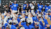 Dec 6, 2025; Charlotte, NC, USA; Duke Blue Devils players celebrate after winning the  ACC Championship game at Bank of America Stadium. Mandatory Credit: Bob Donnan-Imagn Images
