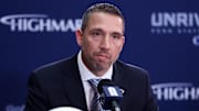 Dec 8, 2025; University Park, PA, USA; Matt Campbell answers questions from the media after being announced as the Penn State Nittany Lions new head coach during a press conference at the Beaver Stadium Press Room. Mandatory Credit: Matthew O'Haren-Imagn Images