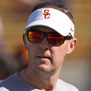 Oct 28, 2023; Berkeley, California, USA; USC Trojans head coach Lincoln Riley before the game against the California Golden Bears at California Memorial Stadium. Mandatory Credit: Darren Yamashita-Imagn Images
