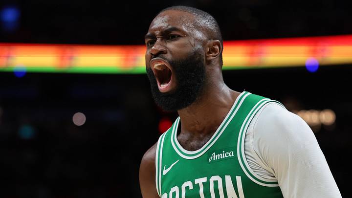 Boston Celtics guard Jaylen Brown (7) reacts against the Miami Heat during the third quarter at Kaseya Center on April 1, 2026.