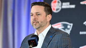 Mar 13, 2025; Foxborough, MA, USA; New England Patriots executive vice president of player personnel Eliot Wolf  discusses the teamís recent free agent additions with the media at Gillette Stadium. Mandatory Credit: Eric Canha-Imagn Images