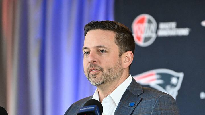 Mar 13, 2025; Foxborough, MA, USA; New England Patriots executive vice president of player personnel Eliot Wolf  discusses the teamís recent free agent additions with the media at Gillette Stadium. Mandatory Credit: Eric Canha-Imagn Images