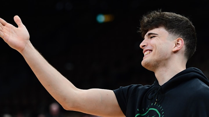 Feb 27, 2026; Boston, Massachusetts, USA; Boston Celtics guard Hugo Gonzalez (28) reacts during warmups prior to a game against the Brooklyn Nets at TD Garden. Mandatory Credit: Bob DeChiara-Imagn Images