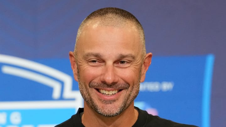 Feb 24, 2026; Indianapolis, IN, USA; Las Vegas Raiders general manager John Spytek speaks at the NFL Scouting Combine at the Indiana Convention Center. Mandatory Credit: Kirby Lee-Imagn Images