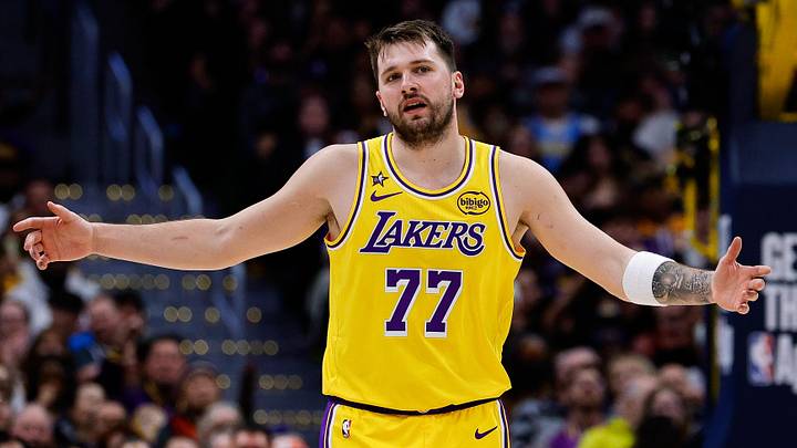 Jan 20, 2026; Denver, Colorado, USA; Los Angeles Lakers guard Luka Doncic (77) reacts after a play in the third quarter against the Denver Nuggets at Ball Arena. Mandatory Credit: Isaiah J. Downing-Imagn Images