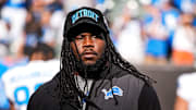 Detroit Lions defensive tackle Alim McNeill (54) watches warmup ahead of Cincinnati Bengals game.