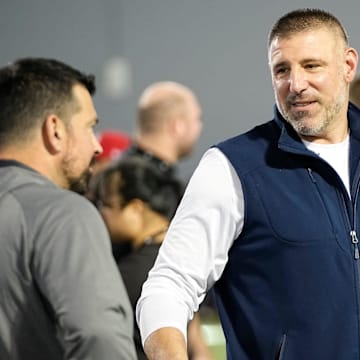 Ohio State Buckeyes head coach Ryan Day talks to New Englandf Patriots head coach Mike Vrabel during the pro day for NFL scouts at the Woody Hayes Athletic Cente on March 26, 2025.