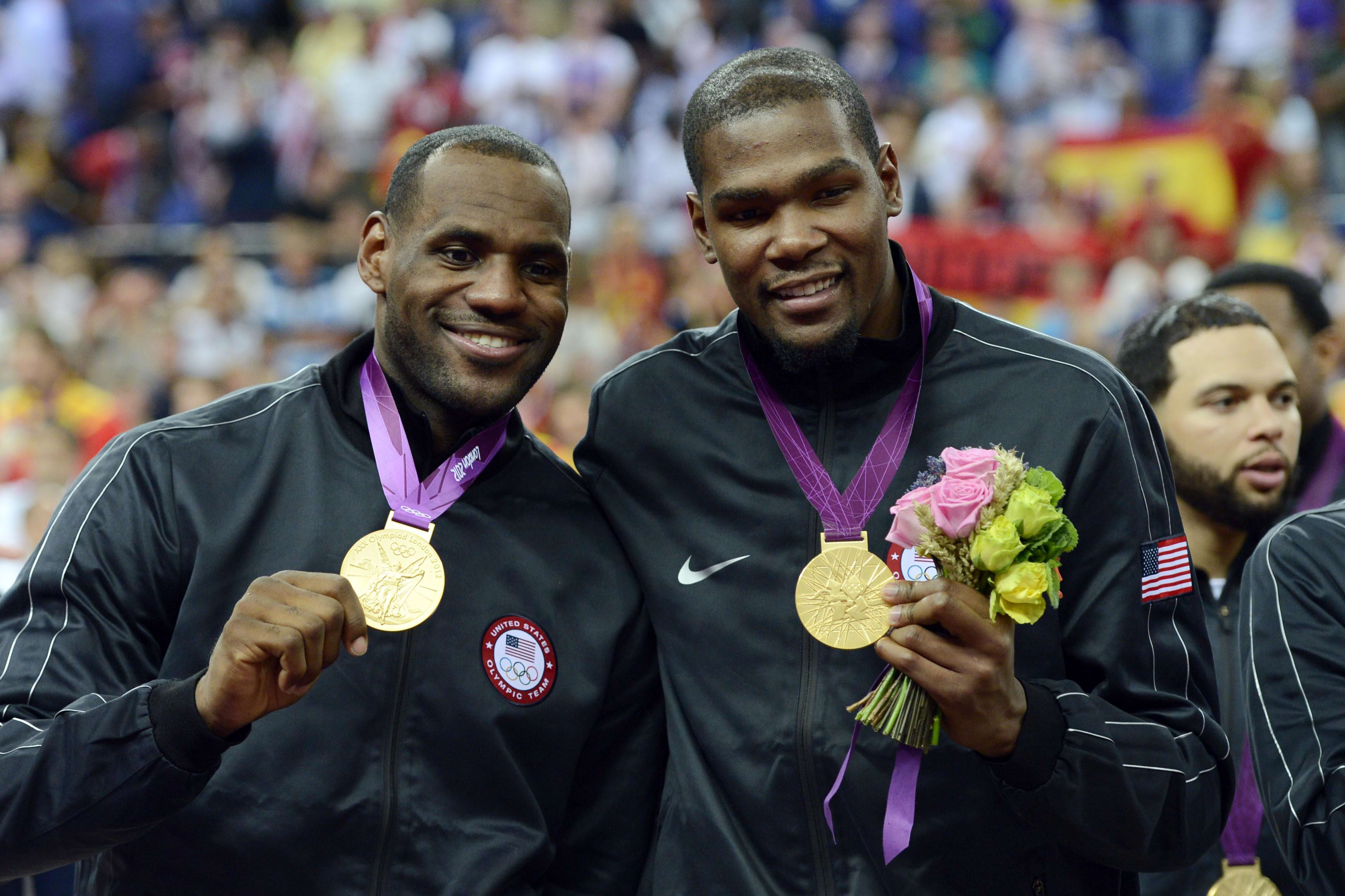 Team USA players LeBron James and Kevin Durant celebrate the Gold Medal game.