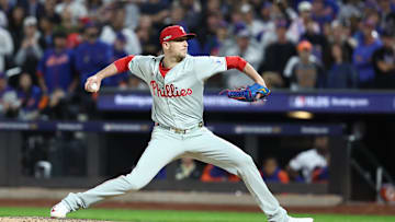 Oct 9, 2024; New York, New York, USA; Philadelphia Phillies pitcher Jeff Hoffman (23) throws a pitch in the fifth inning against the New York Mets  in game four of the NLDS for the 2024 MLB Playoffs at Citi Field. 