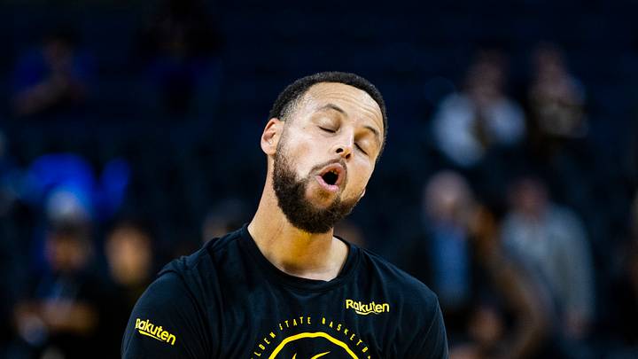 San Francisco, California, USA; Golden State Warriors guard Stephen Curry (30) reacts during warmups before the game against the Phoenix Suns at Chase Center. Mandatory Credit: John Hefti-Imagn Images
