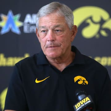 Iowa football Head Coach Kirk Ferentz announces his one-game suspension due to improper contact with an athlete not-year in the transfer portal Thursday, Aug. 22, 2024 in Iowa City, Iowa.